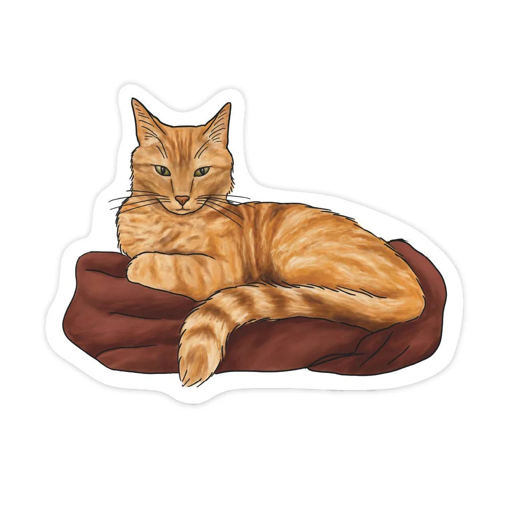 Illustration of a ginger cat lying on a brown cushion