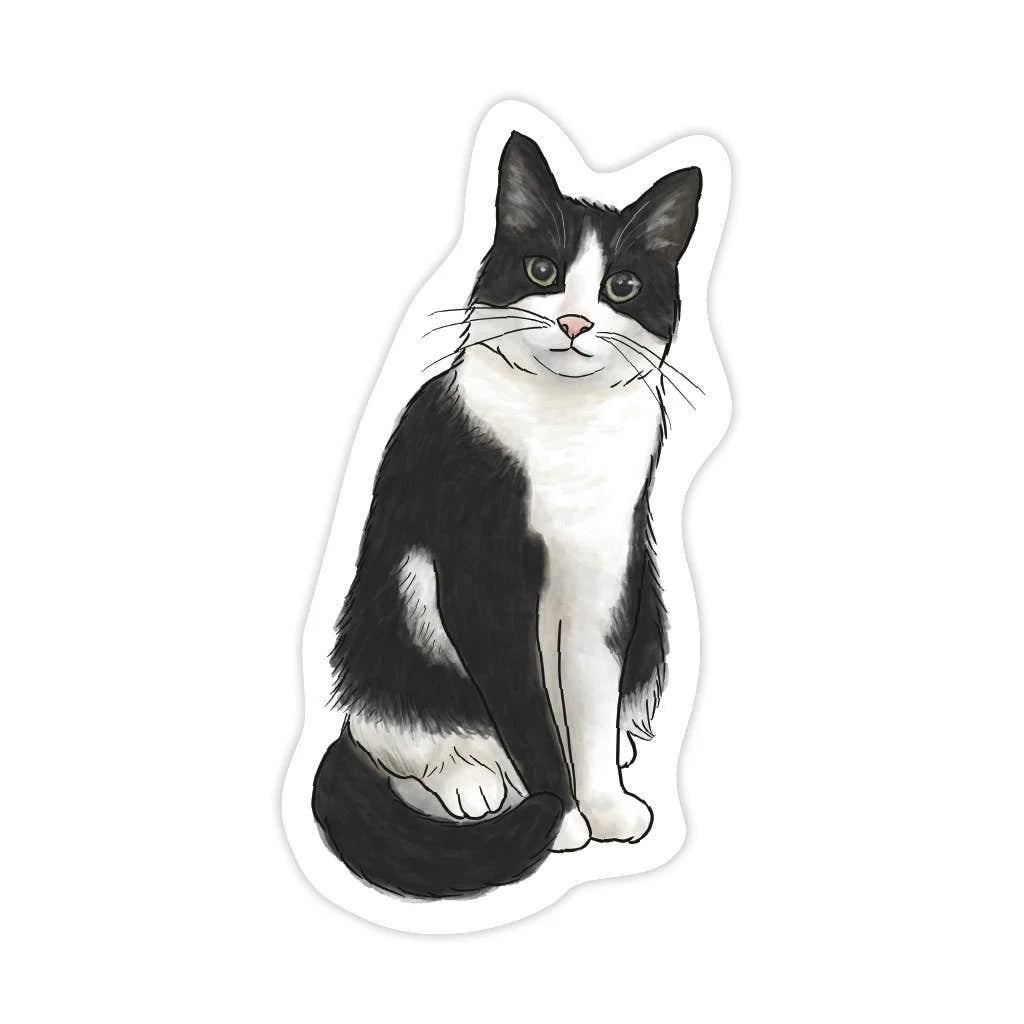 Sticker of a black and white cat on a white background