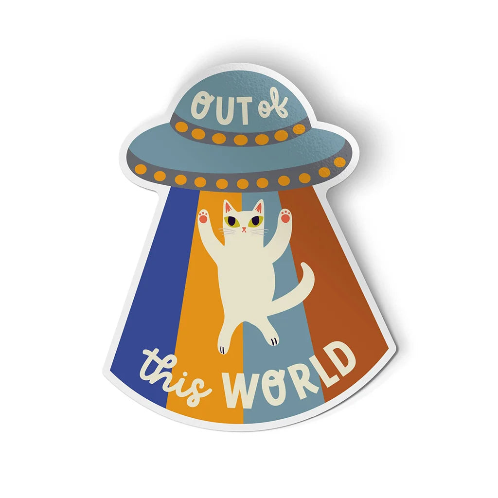 Sticker with a cat in a UFO and 'Out of this World' text on a white background