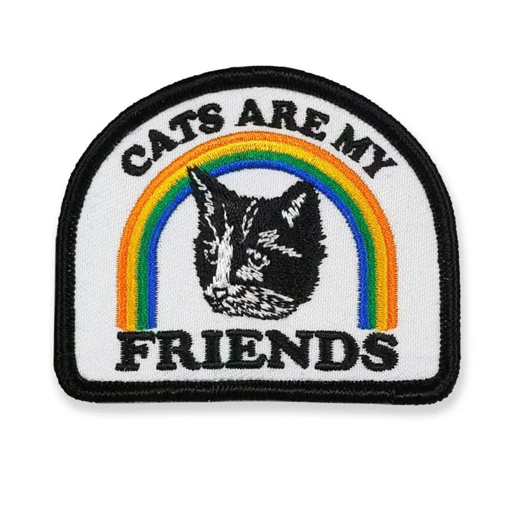 Embroidered patch with a cat, rainbow, and 'Cats are my friends' text on a white background