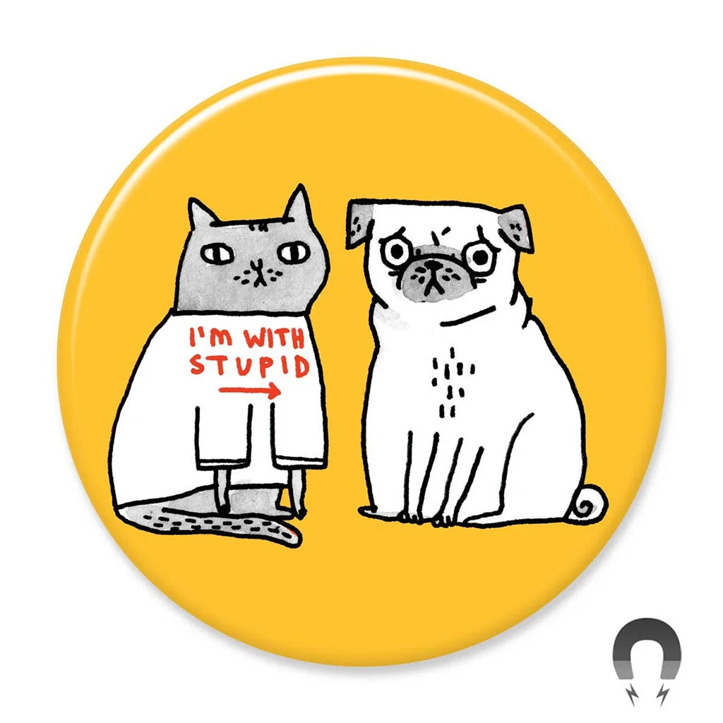 Round  magnet with cartoon cat and dog illustration on a yellow background.