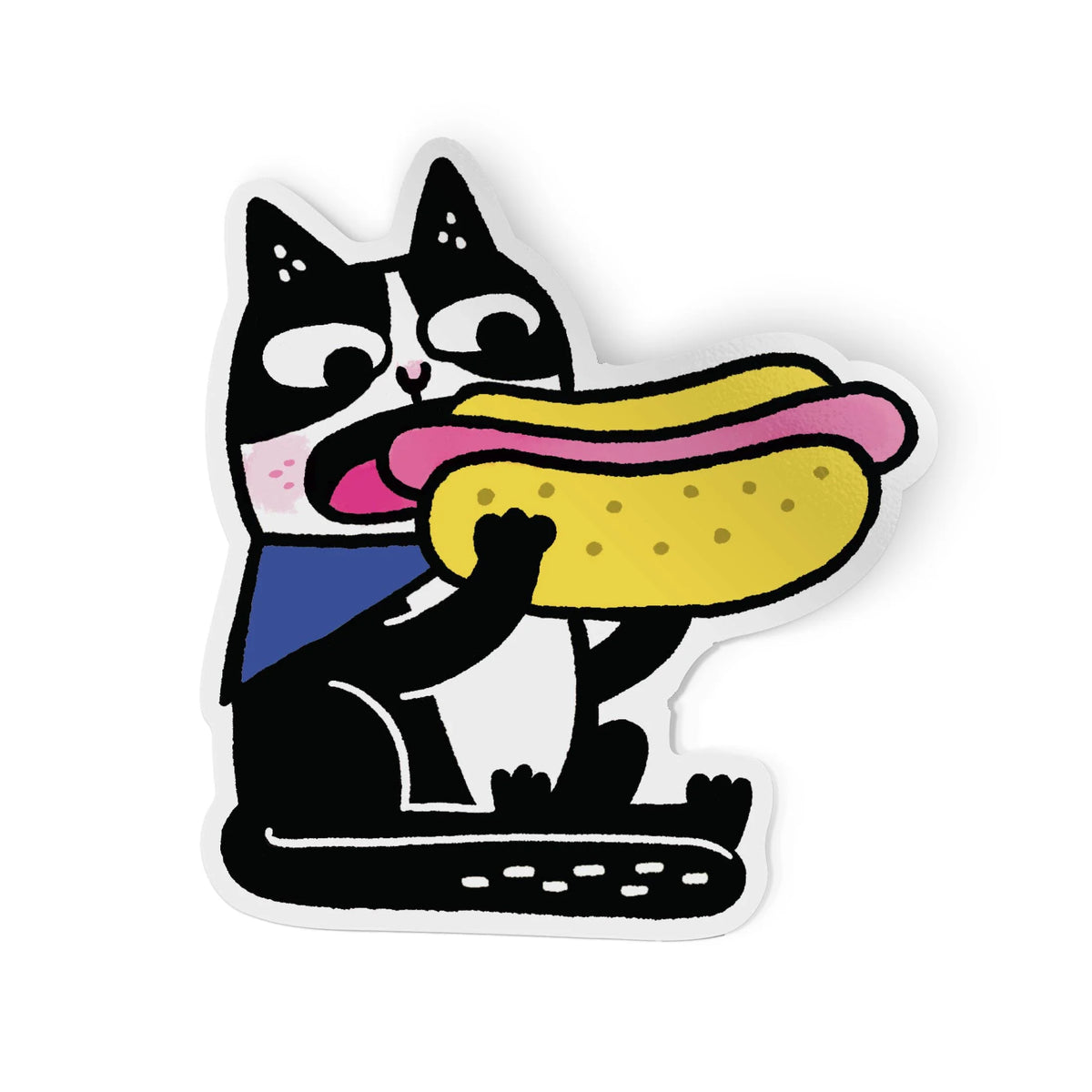 Sticker of a black tuxedo cat eating a hot dog on a white background