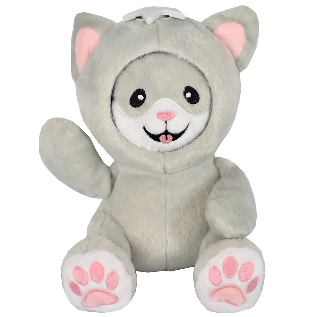 Smiling plush toy cat with gray fur, pink paws, and a white belly on a white background