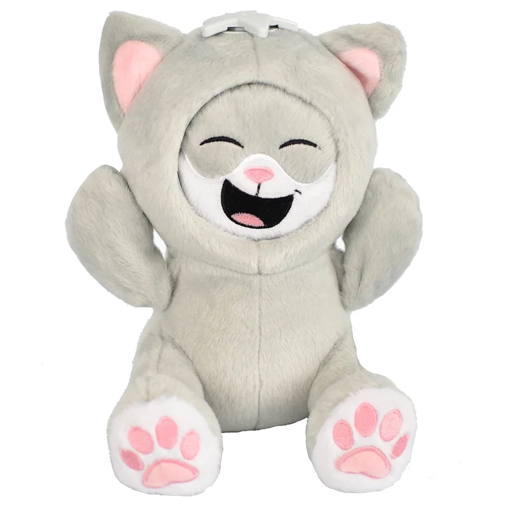 Laughing plush toy cat with a happy expression on a white background