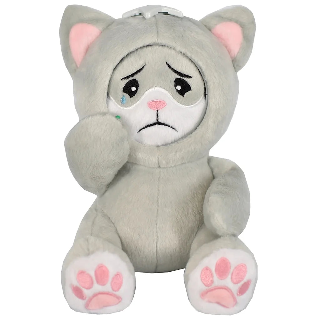 Sad plush toy cat with sad expression on a white background