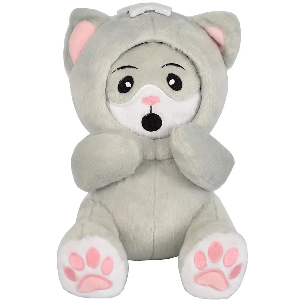 Surprise plush toy cat with gray fur, pink paws, and a white belly on a white background