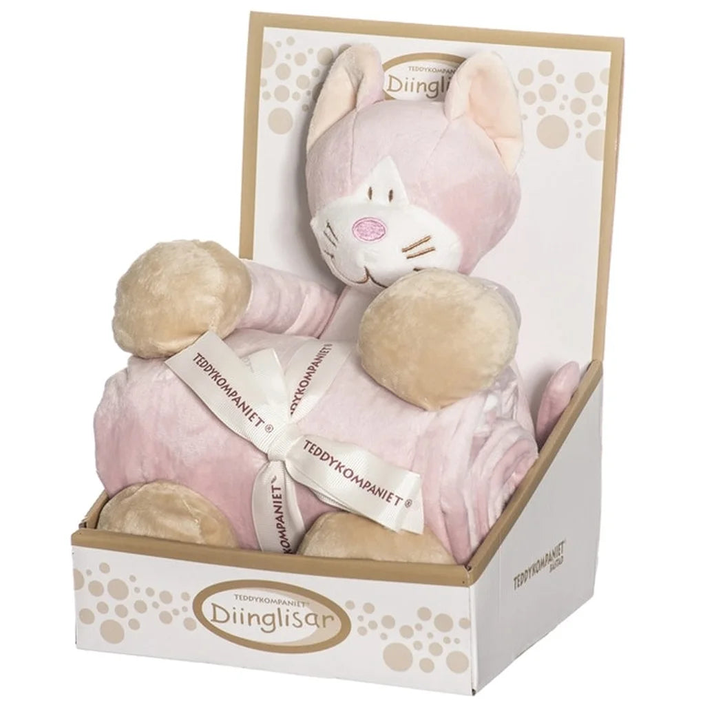 Pink plush cat toy and blanky in a decorative box with visible branding.