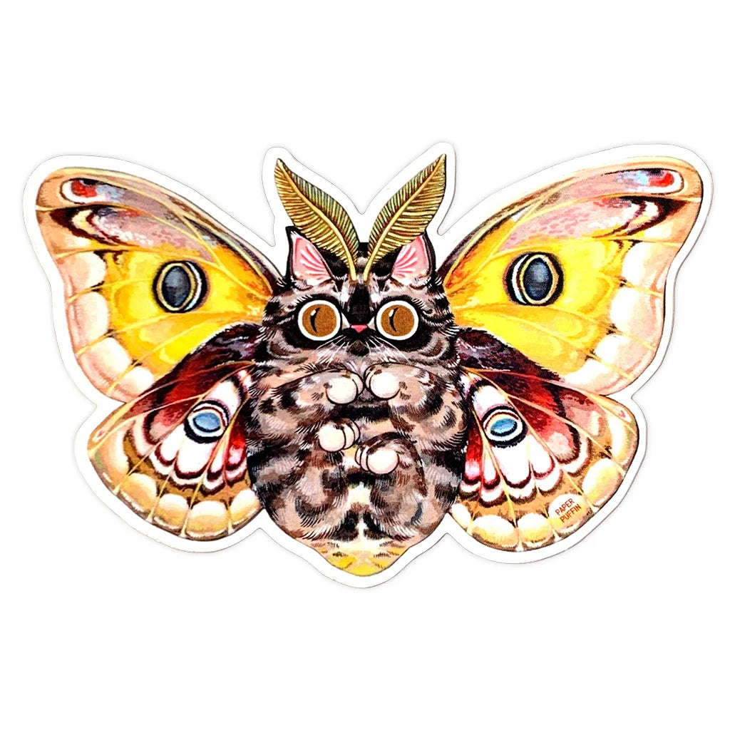 Big Eyes Moth Tabby Cat  - Die Cut Vinyl Sticker