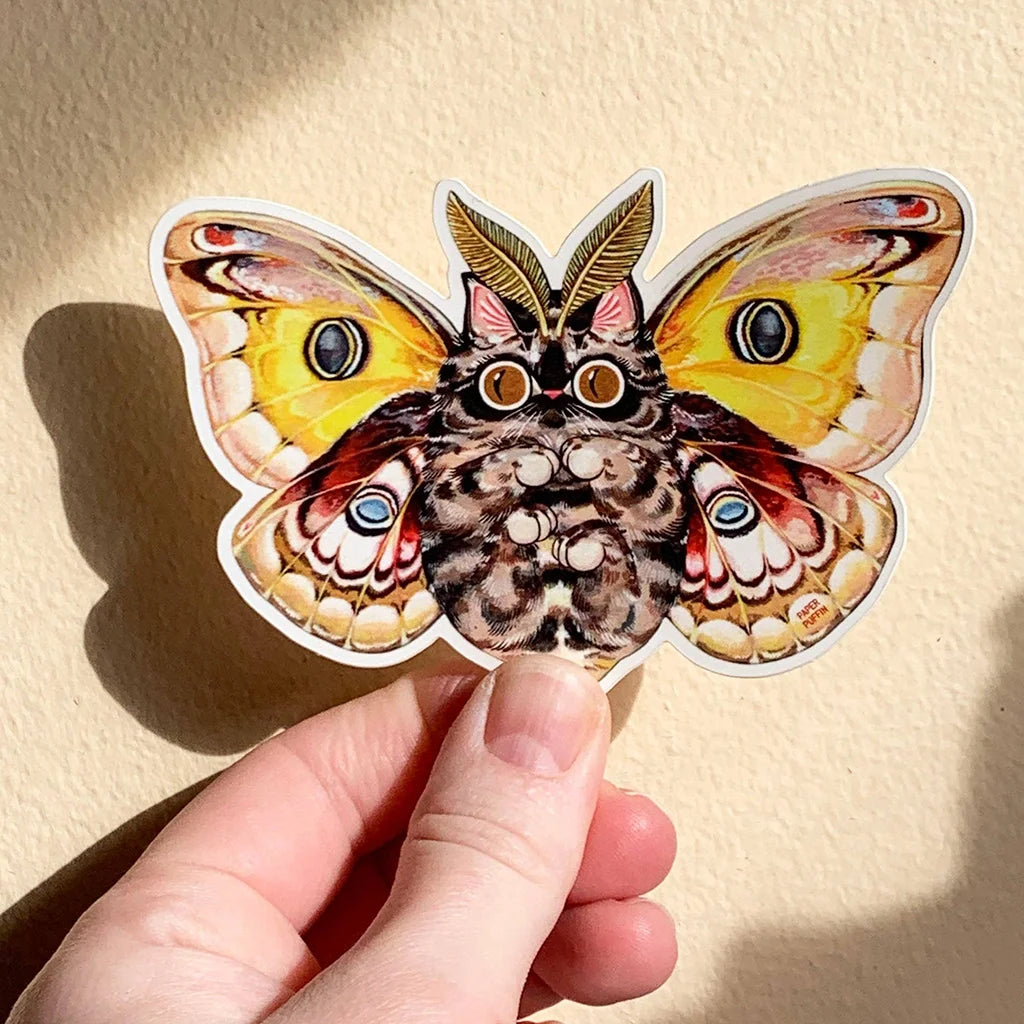 Big Eyes Moth Tabby Cat  - Die Cut Vinyl Sticker