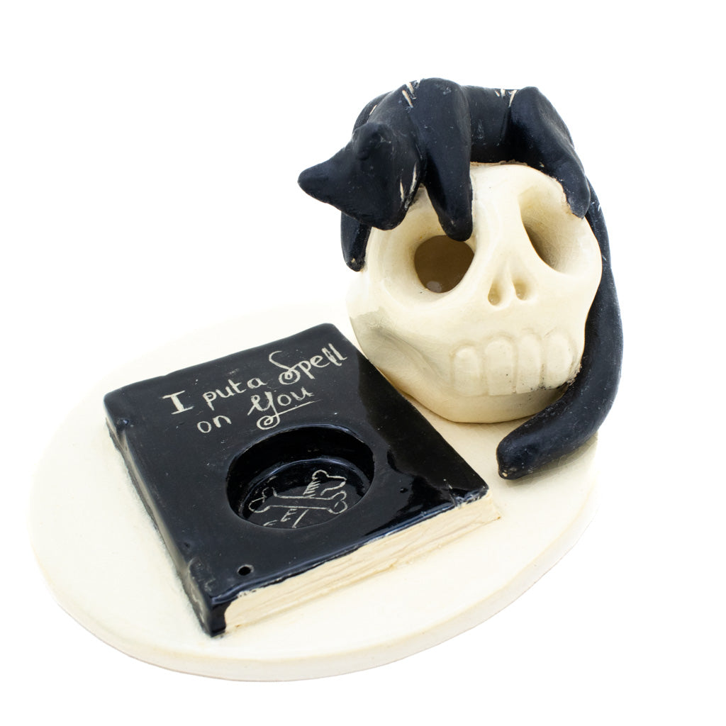 Witchy Skull Black Cat - Ceramic Incense Burner