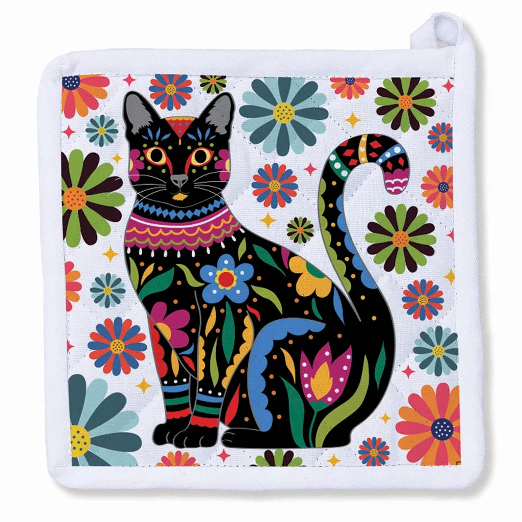 Black Kitty Cat - Feline &amp; Florals Potholder