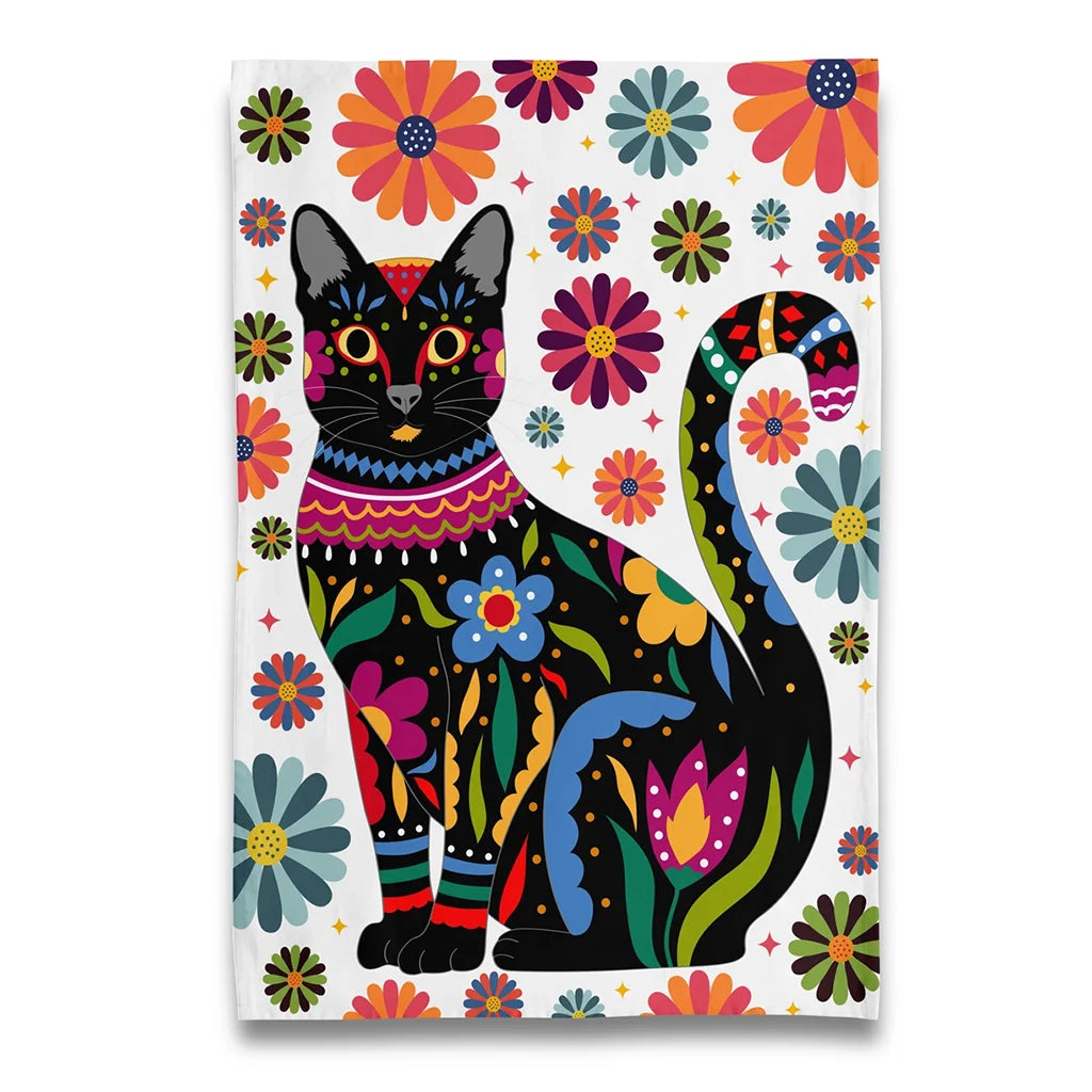 Black Kitty Cat - Feline and Florals Tea Towel