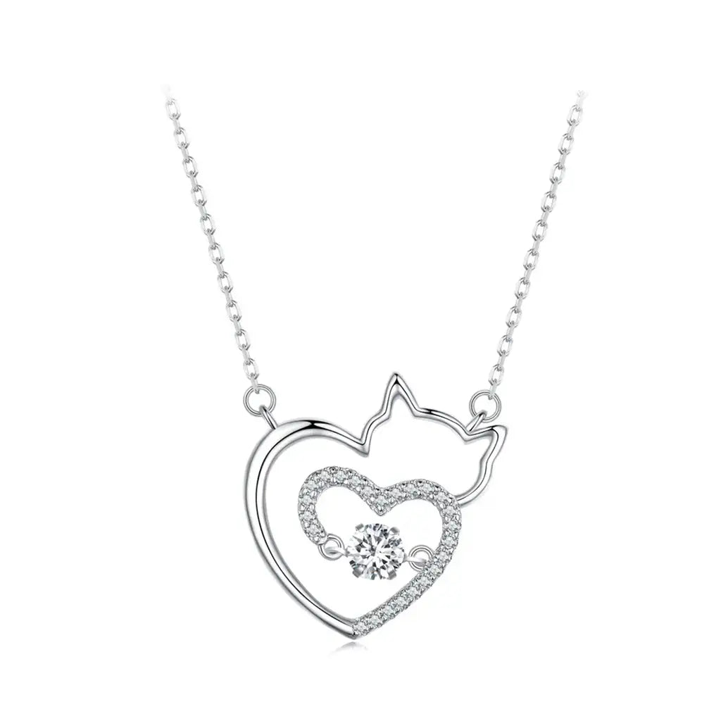 Cat Heart With Zircons - Sterling Silver Necklace