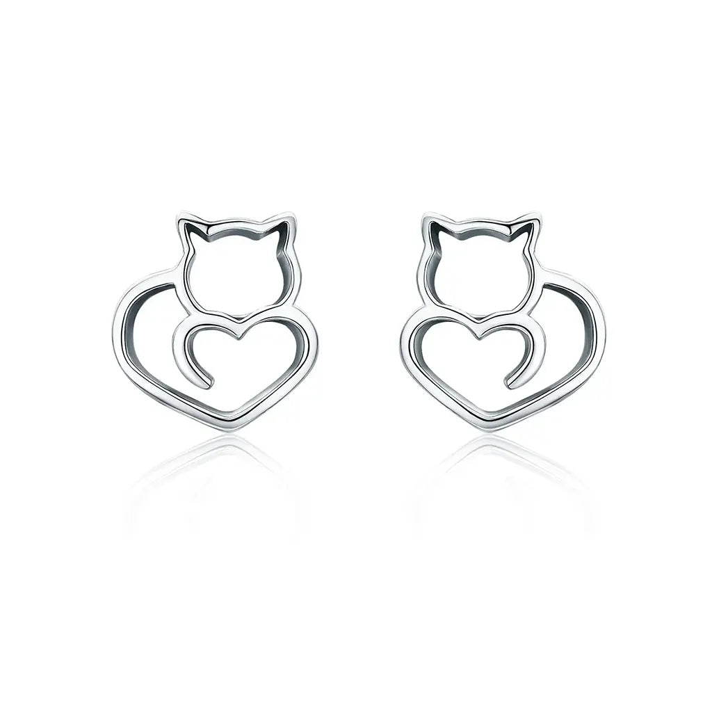 Heart Kitty - Sterling Silver Stud Earrings