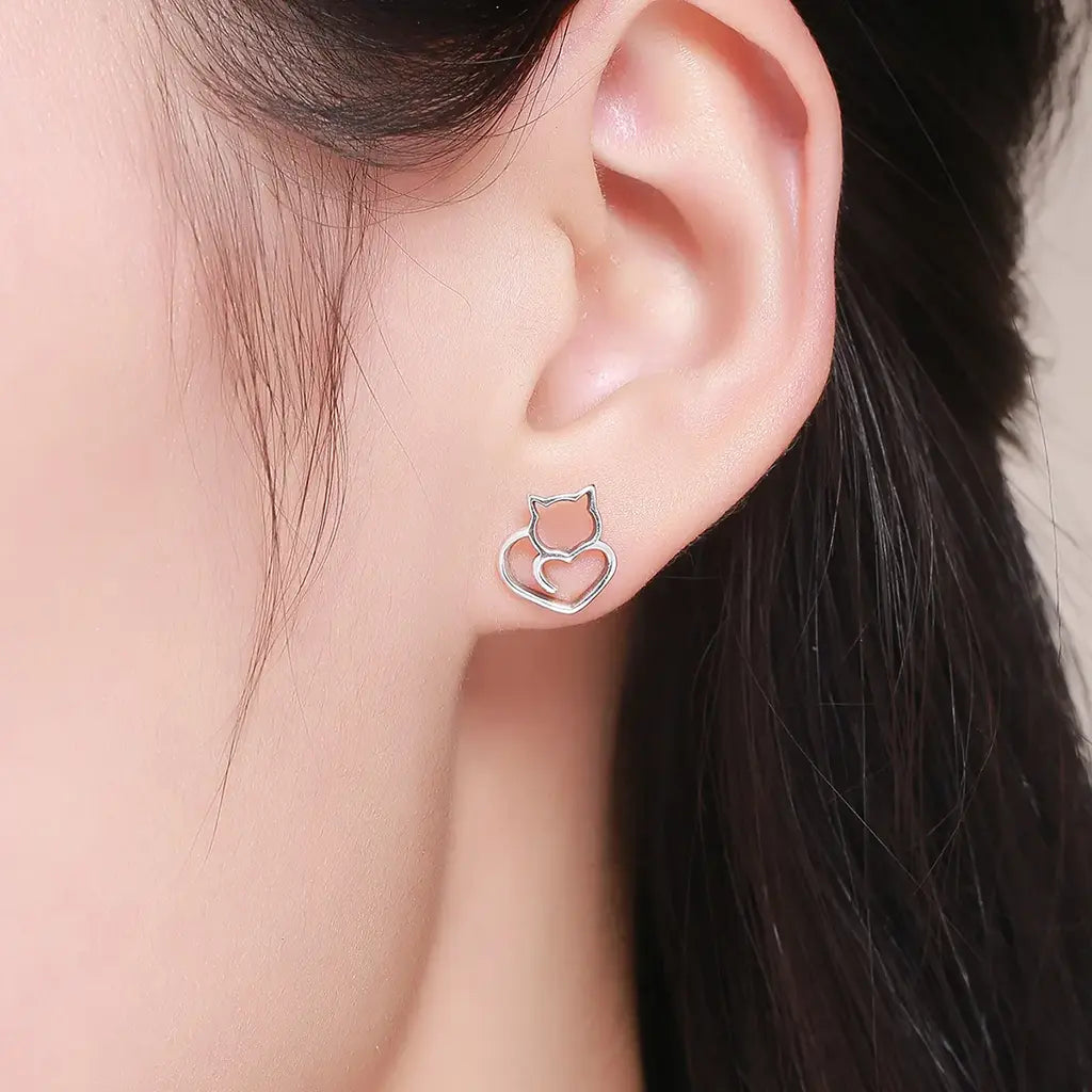 Heart Kitty - Sterling Silver Stud Earrings
