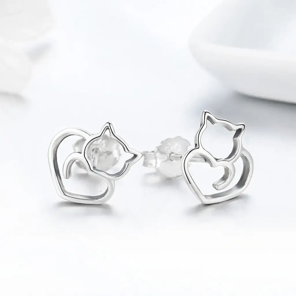 Heart Kitty - Sterling Silver Stud Earrings