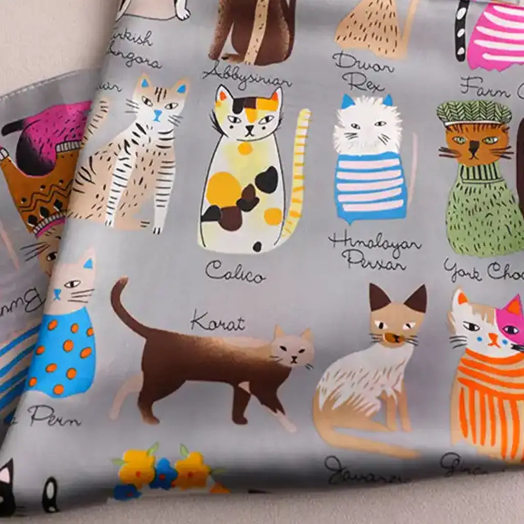 Colorful Cats In Grey -  Vegan Silk Scarf