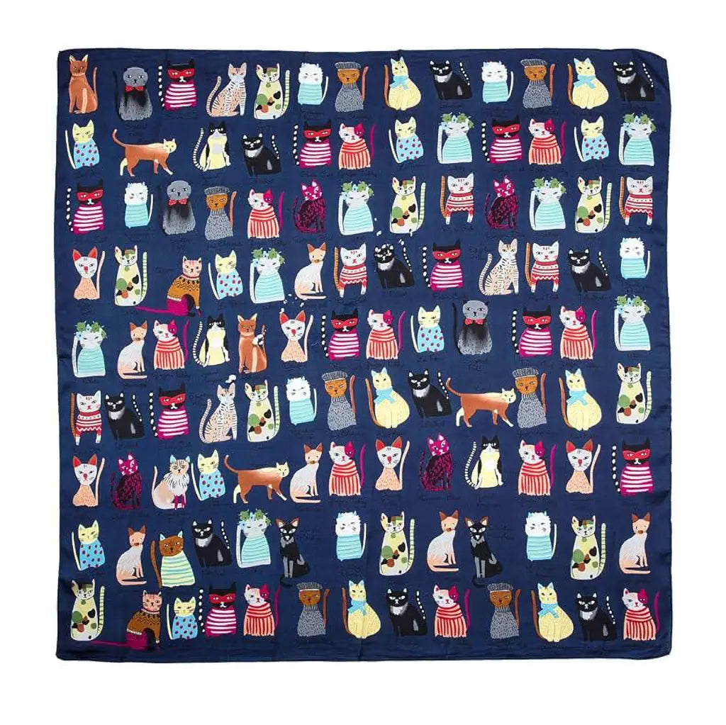 Colorful Cats In Navy -  Vegan Silk Scarf