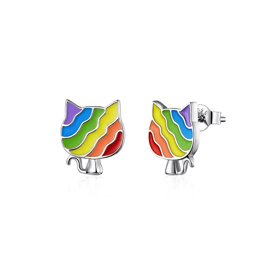 Rainbow Kitten - Enamel Sterling Silver Stud Earrings