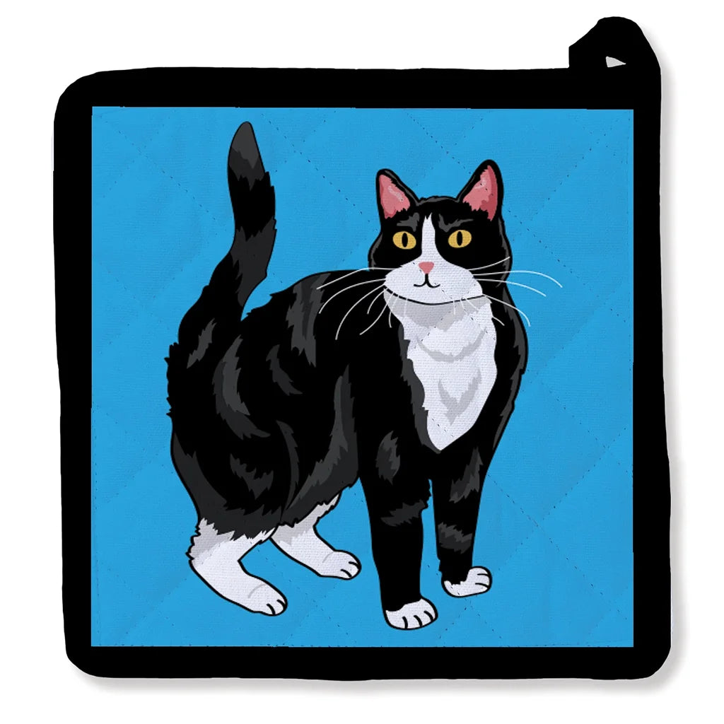 Tuxedo Cat on Blue - Potholder