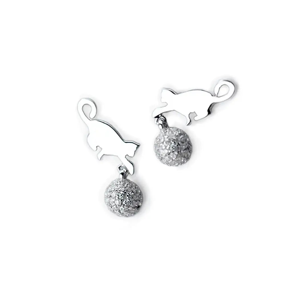 Playful Cats with Zirconia Ball - Sterling Silver Earrings