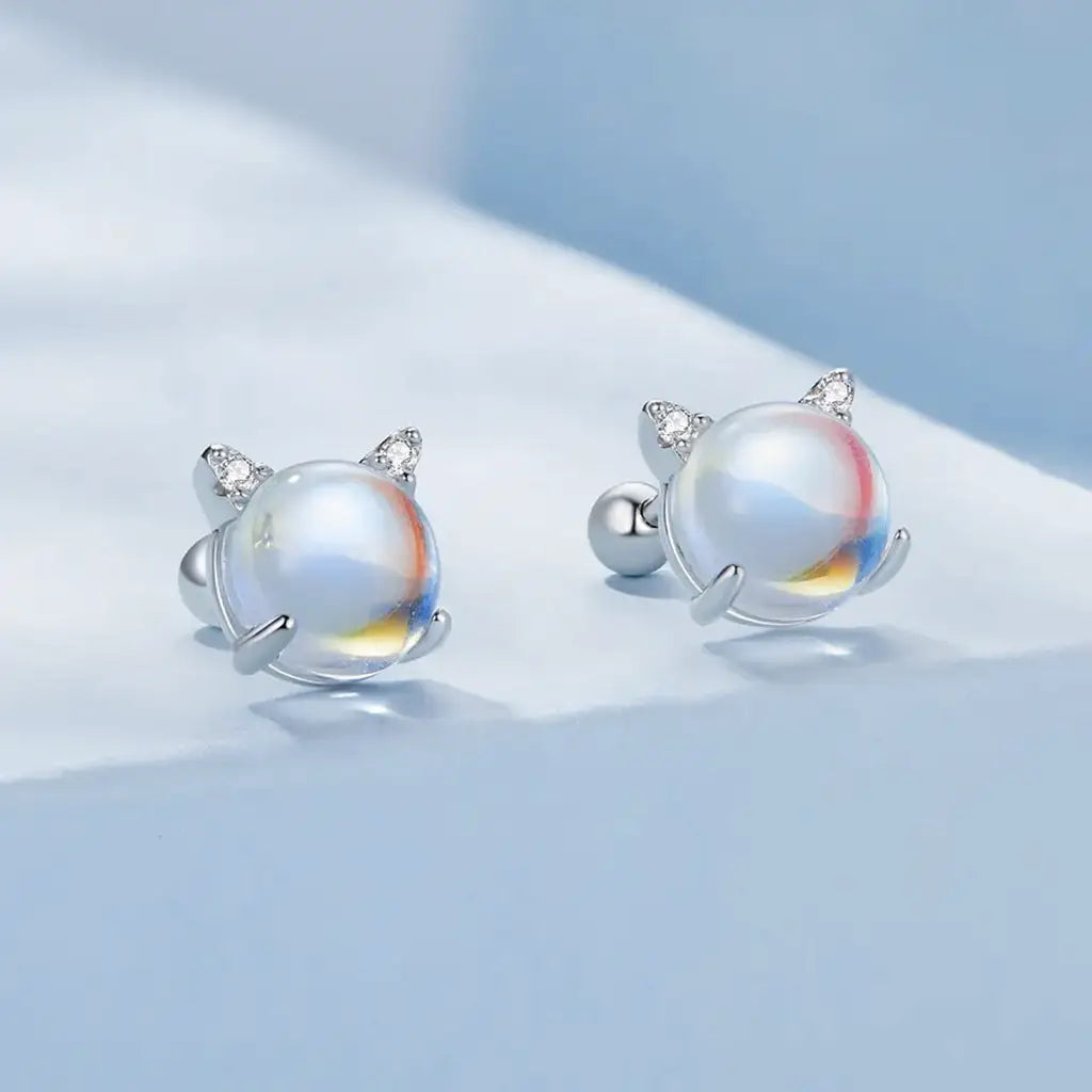 Moonstone Cats -  Sterling Silver Stud Earrings