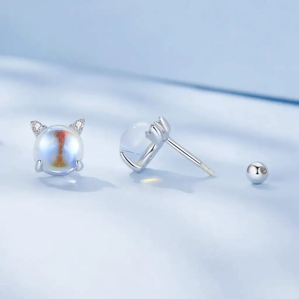 Moonstone Cats -  Sterling Silver Stud Earrings