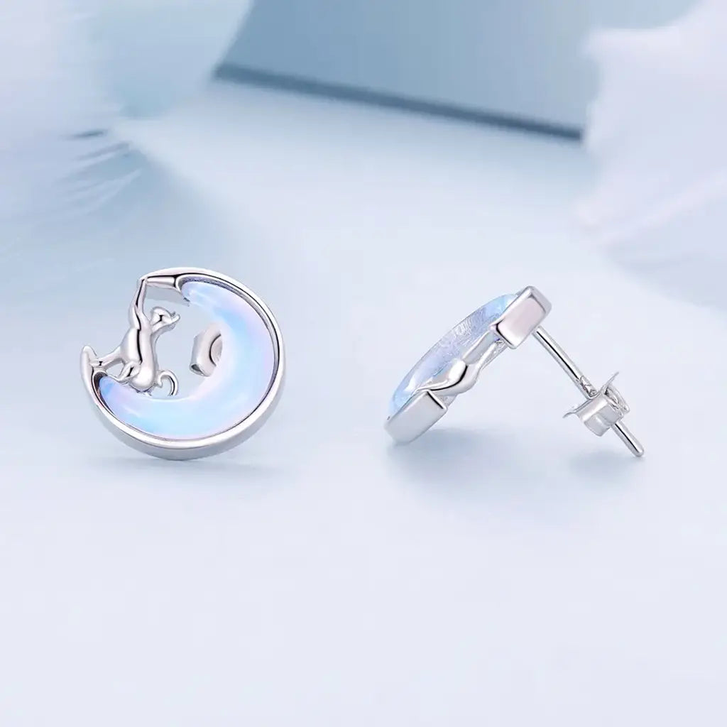 Moonstone Moon Cats -  Sterling Silver Stud Earrings