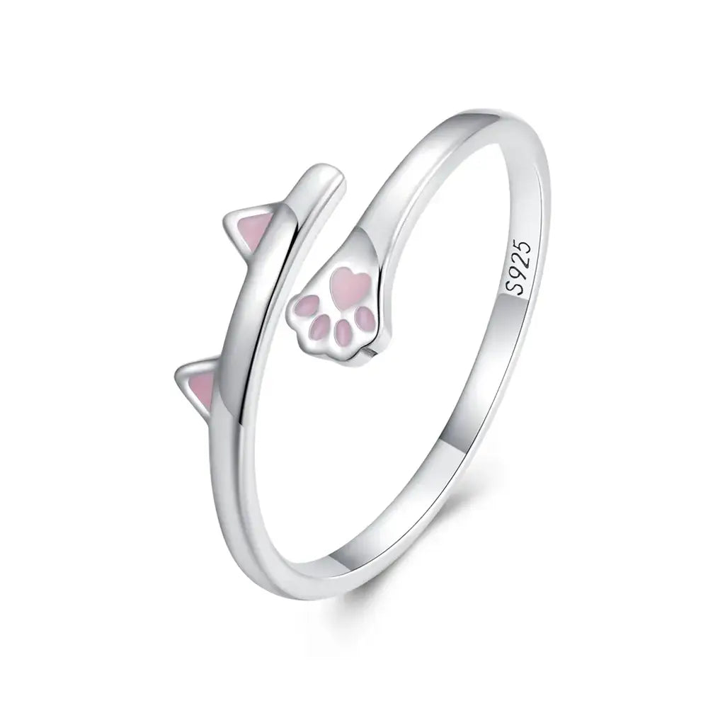 Pink Ears &amp; Heart Paw - Sterling Silver Ring