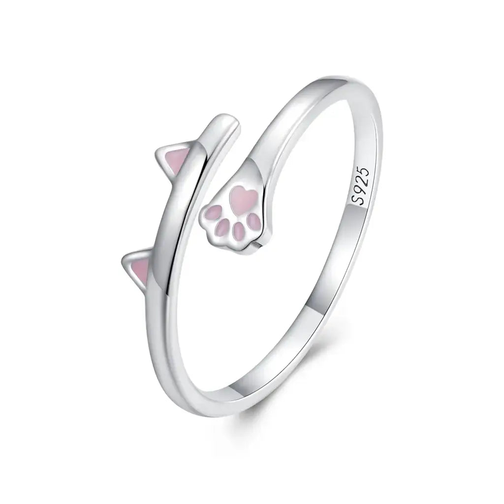 Pink Ears & Heart Paw - Sterling Silver Ring