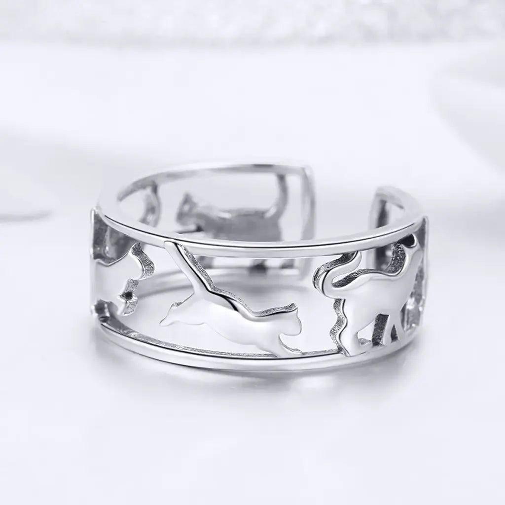 Playful Cats -  Adjustable Sterling Silver Ring