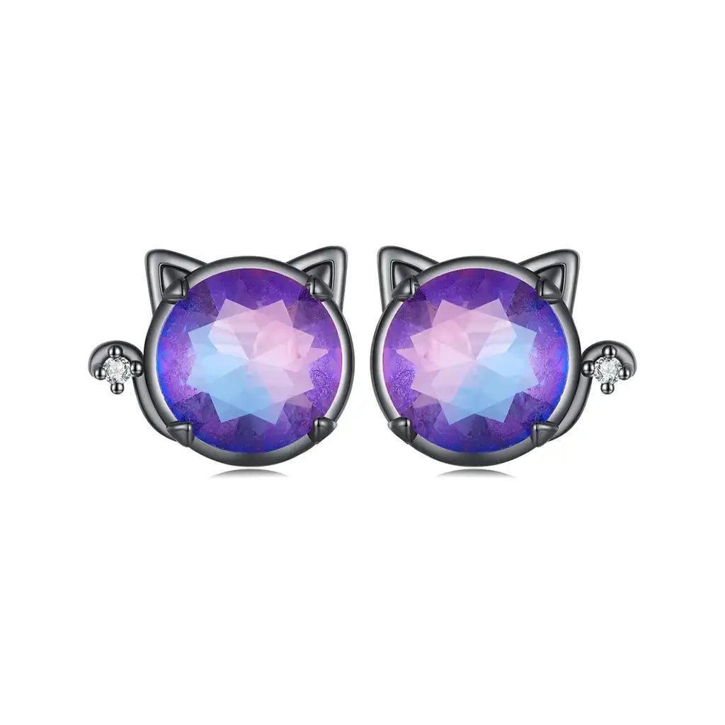 Purple CZ Black Cat Face - Sterling Silver Stud Earrings