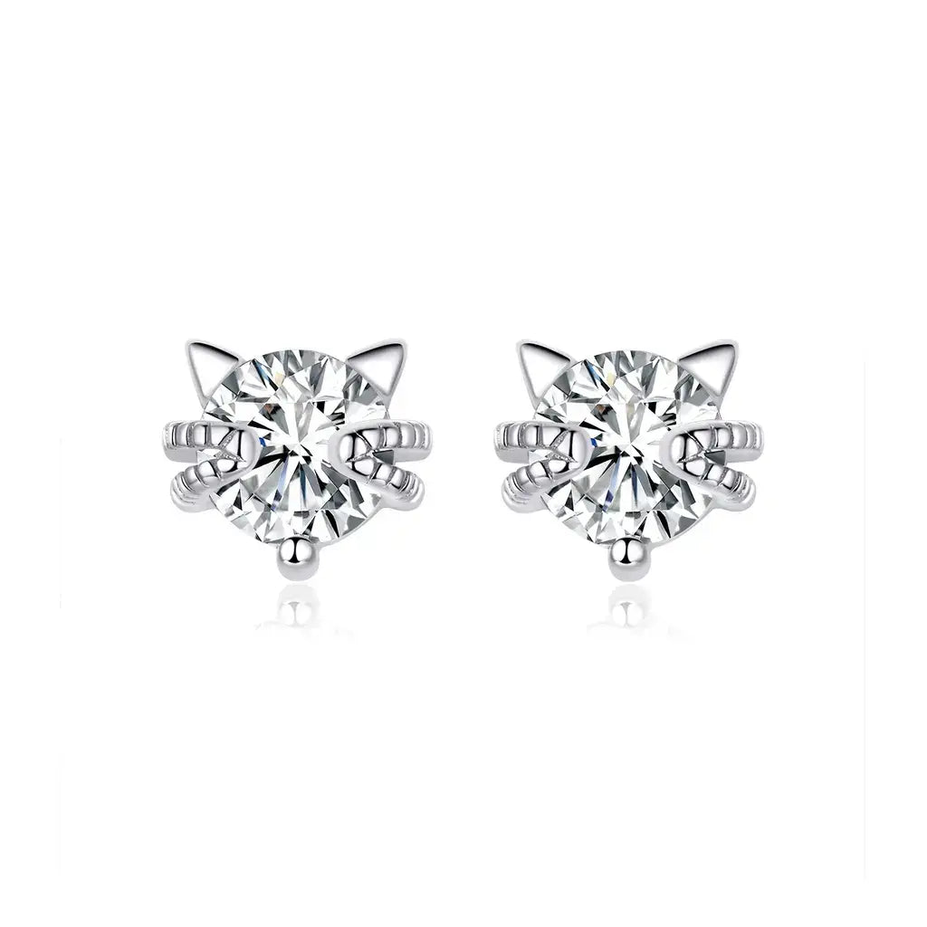 Cat Face Stud Zircon - Sterling Silver Earrings