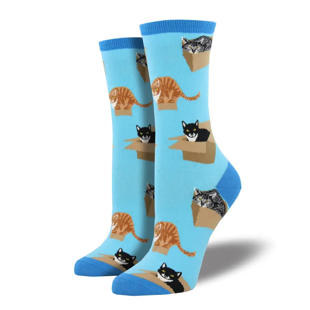 Cat On Box Azure - Crew Socks - S/M