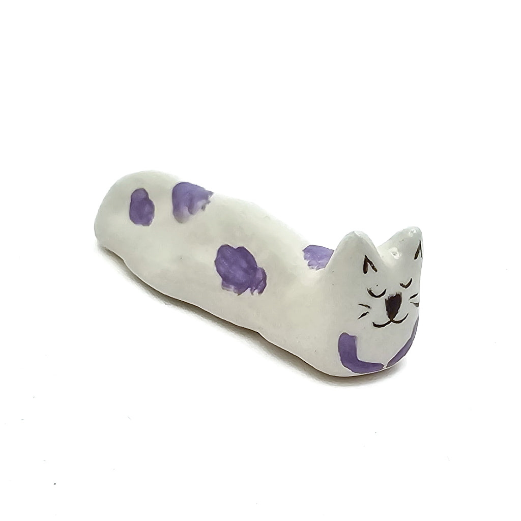 Loaf Purple Spots Box Kitty - Handmade Ceramic Cat Figurine