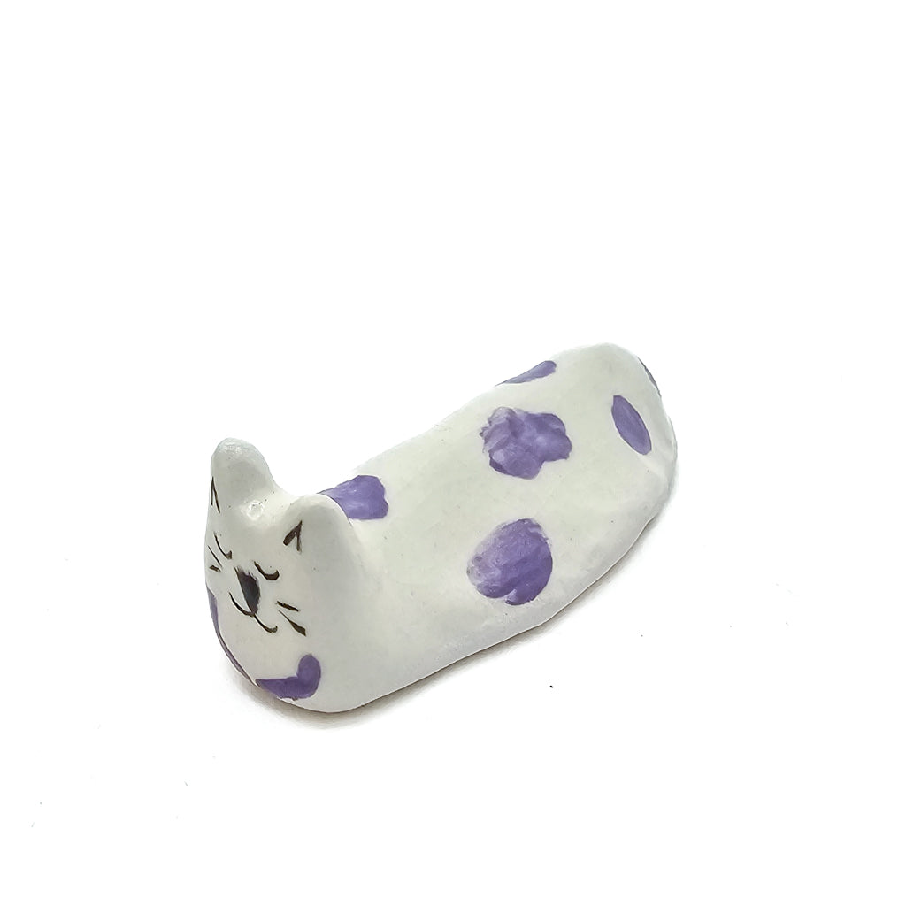 Loaf Purple Spots Box Kitty - Handmade Ceramic Cat Figurine