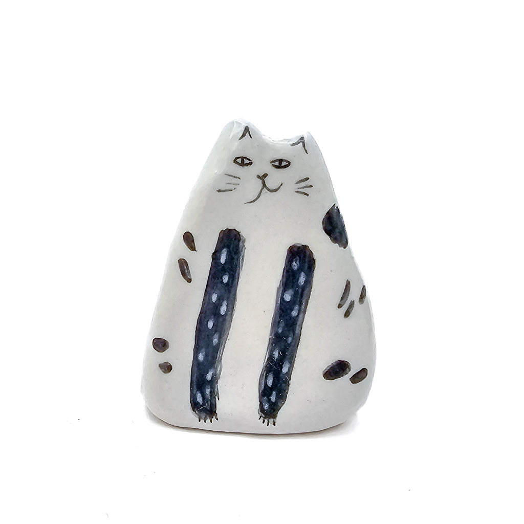 Sitting Black Stripes Box Kitty - Handmade Ceramic Cat Figurine