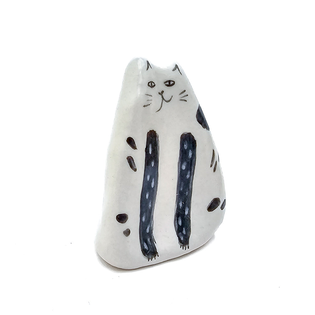 Sitting Black Stripes Box Kitty - Handmade Ceramic Cat Figurine