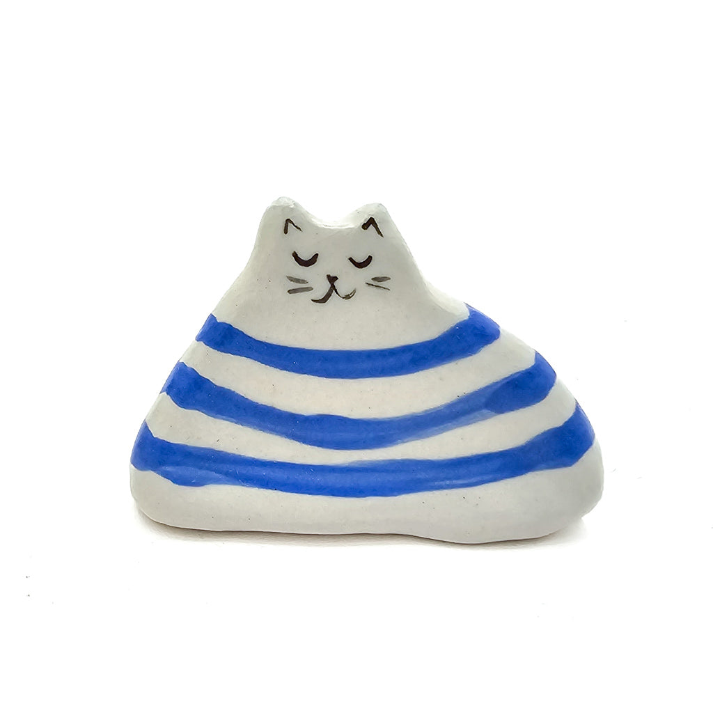 Sitting Blue Stripes Box Kitty - Handmade Ceramic Cat Figurine