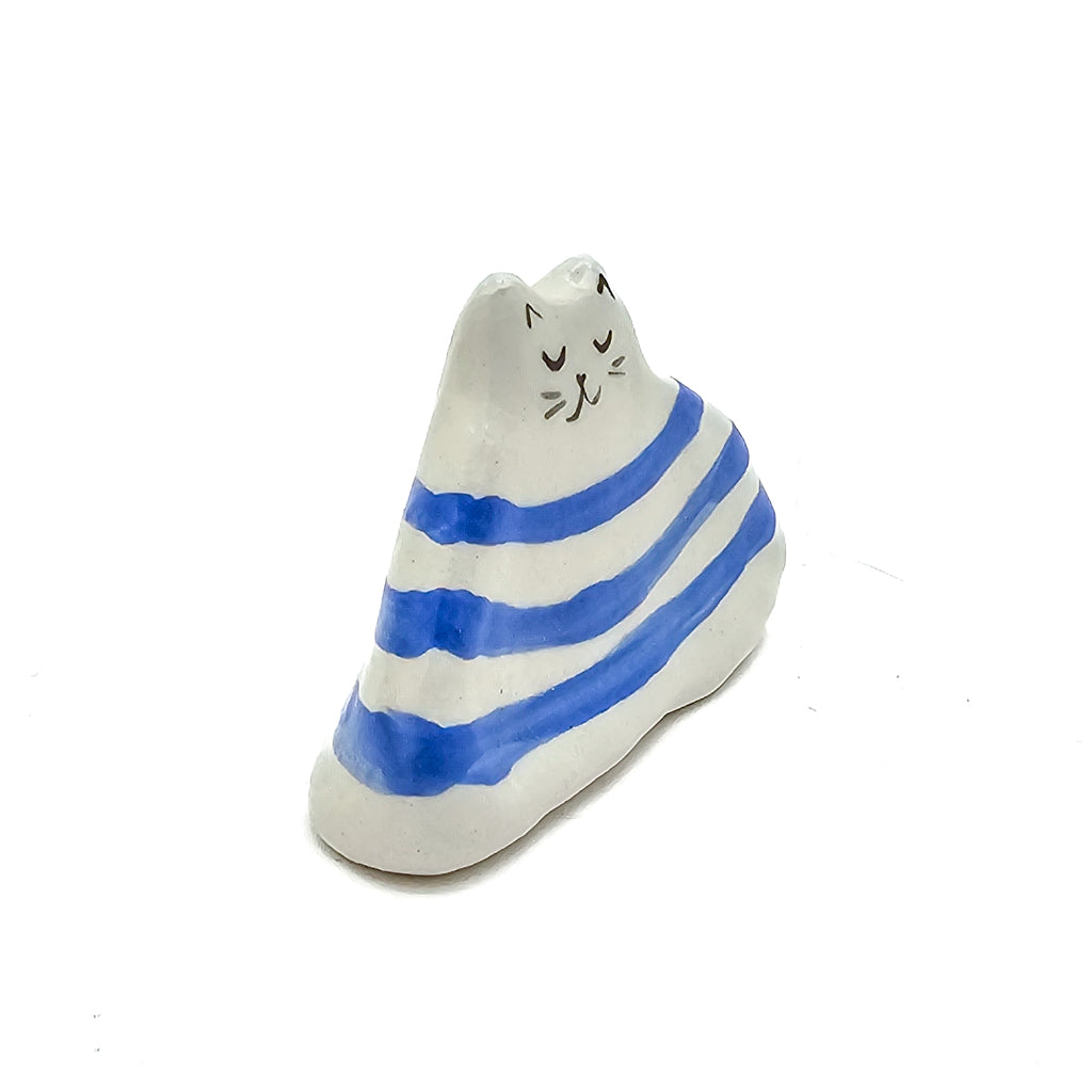 Sitting Blue Stripes Box Kitty - Handmade Ceramic Cat Figurine