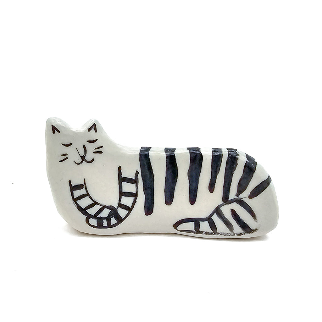 Sleeping Black Stripes Box Kitty - Handmade Ceramic Cat Figurine