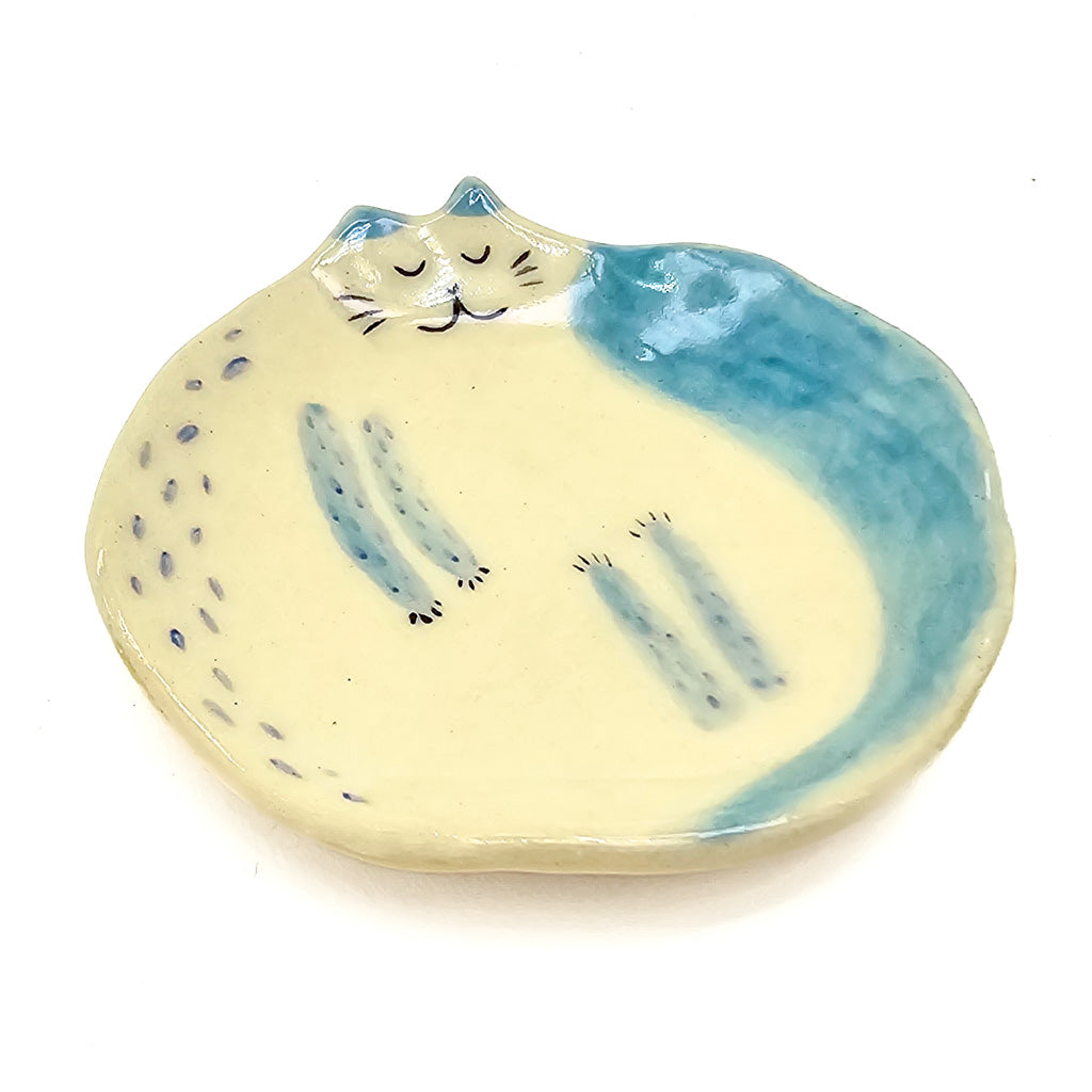 Dreaming Teal Kitty - Handmade Ceramic Mini Plate