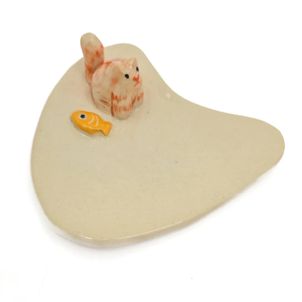 Orange Kitty & Fish - Handmade Ceramic Trinket Plate