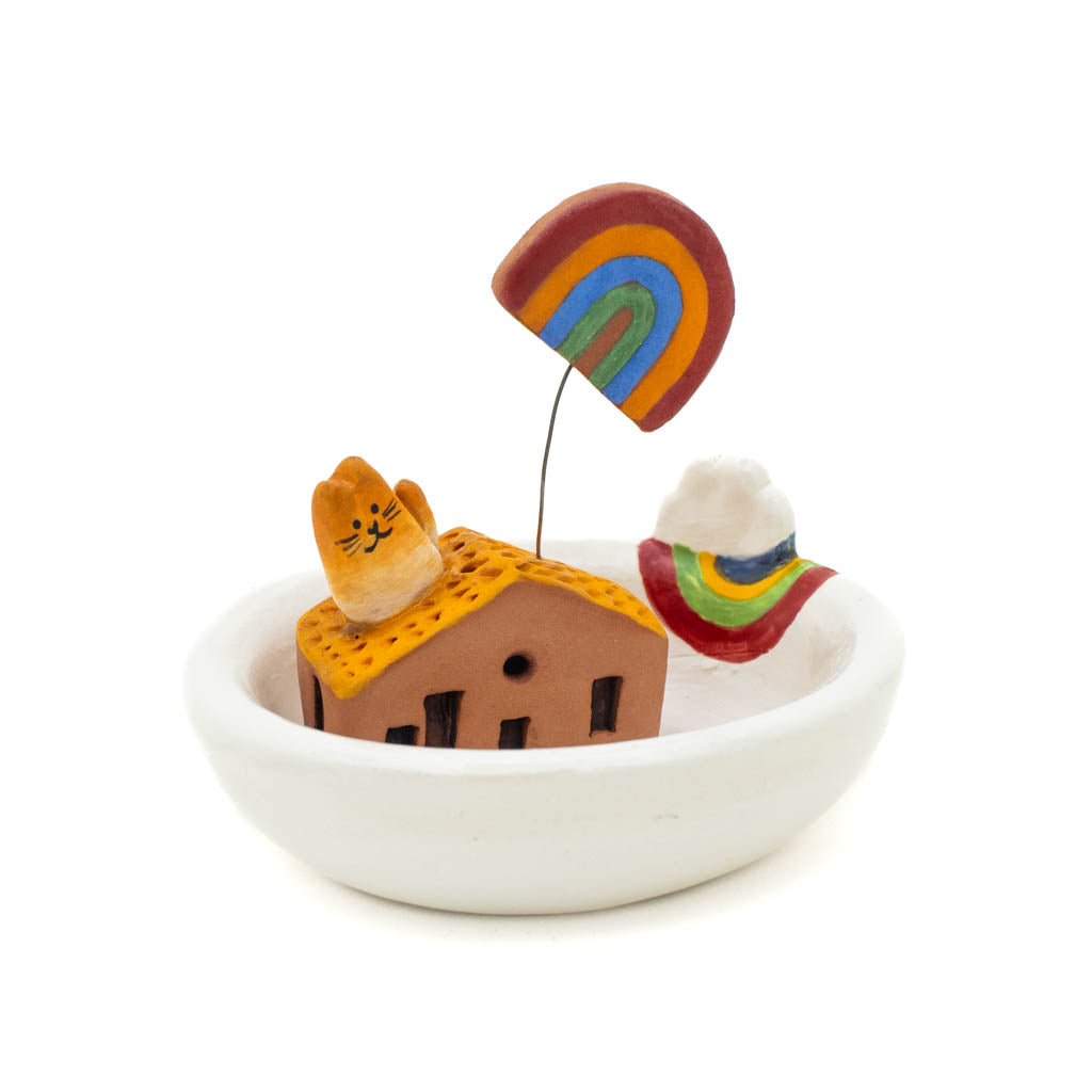 Rainbow Cat-Sitta with Rainbow White Plate  - Ceramic Incense Burner