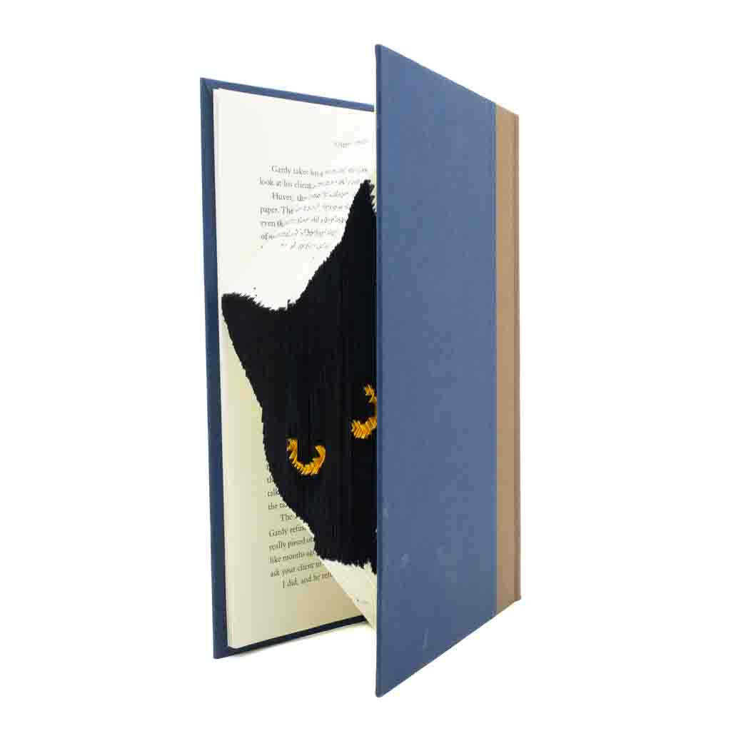 Peeking Black Cat - Navy/Coffee Book Sculpture