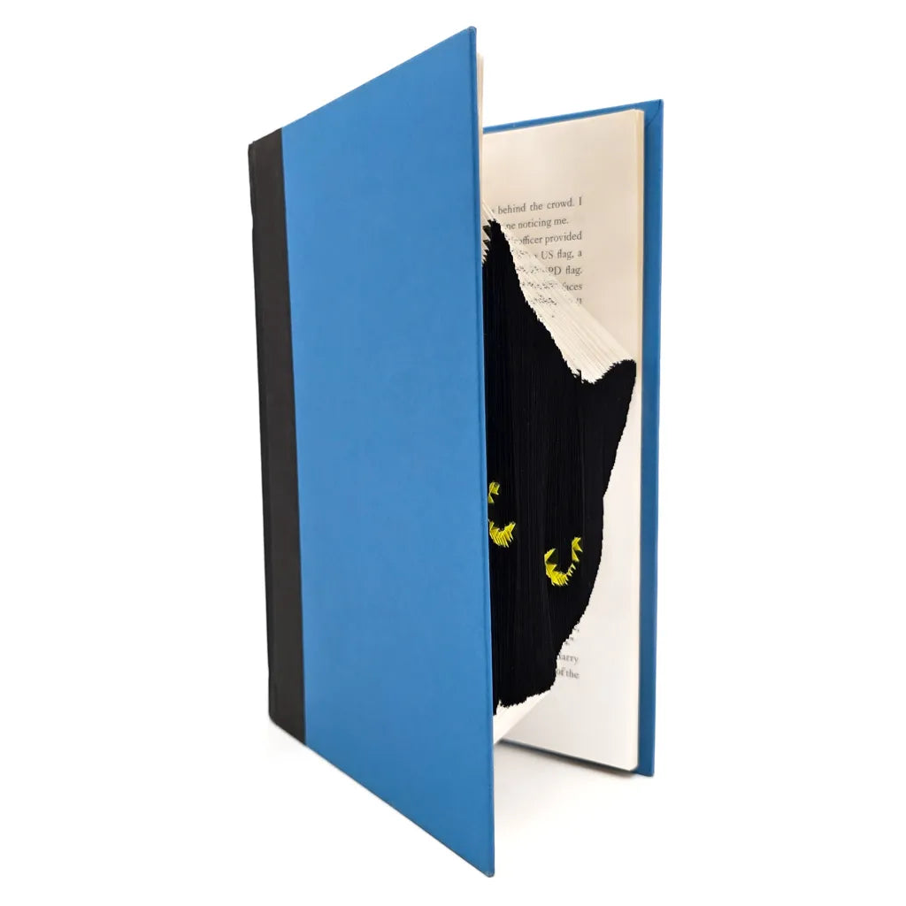 Peeking Black Cat - Yellow Eyes - Blue & Black Book Sculpture