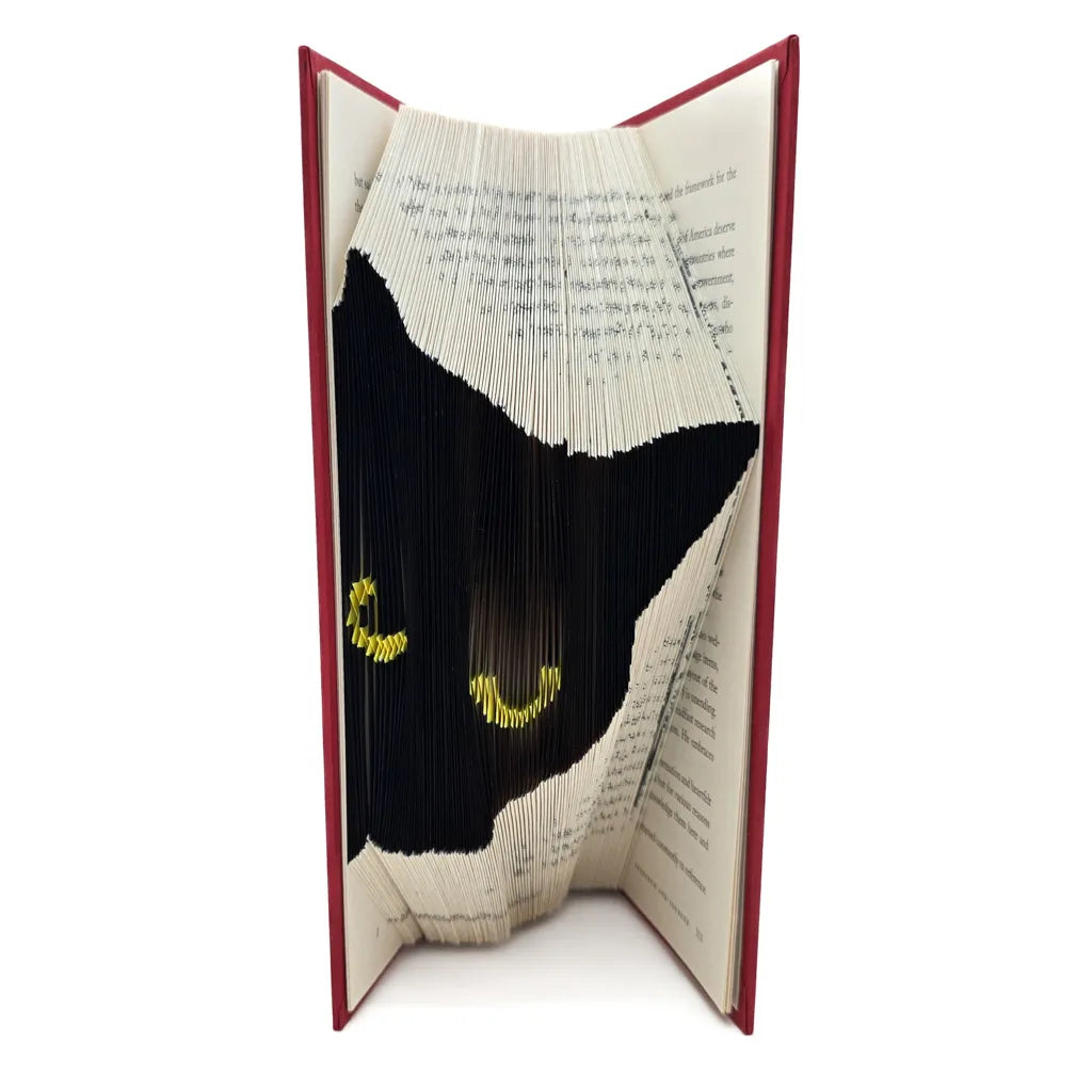 Peeking Black Cat - Yellow Eyes - Red Book Sculpture