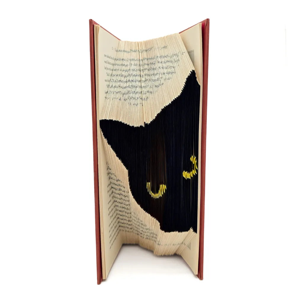 Peeking Black Cat - Yellow Eyes - Rust &amp; Brown Book Sculpture