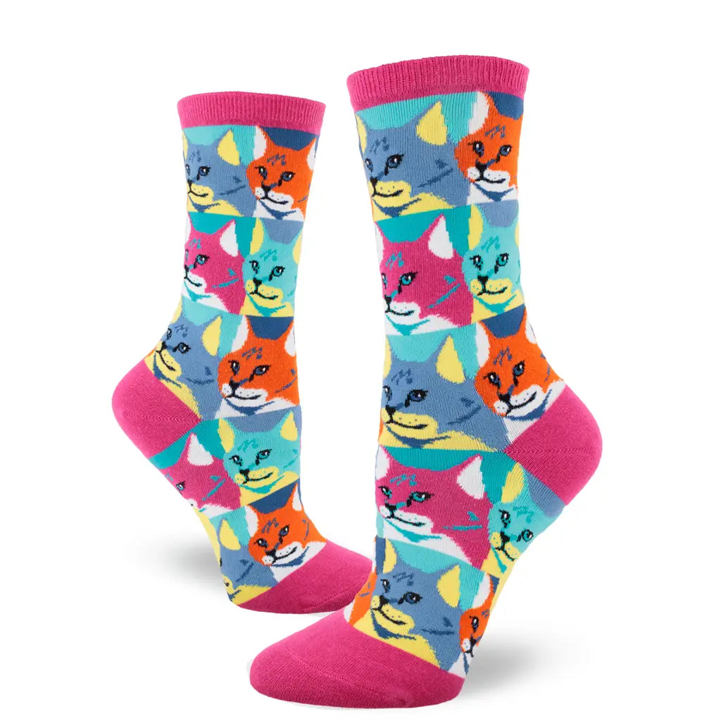 Magenta Pop Art Cats - Crew Socks - S/M