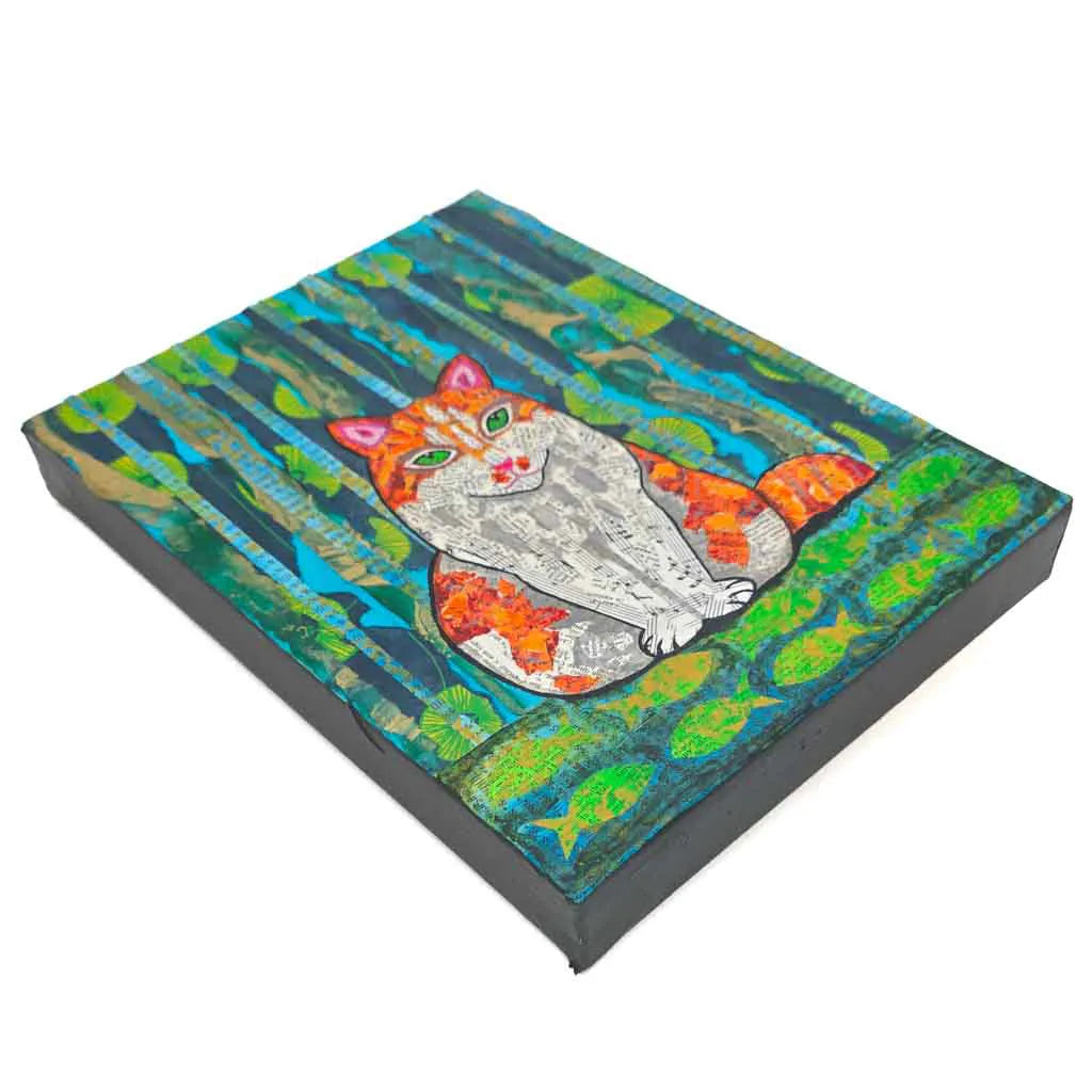 Orange Cat on Teal - Fine Art Collage